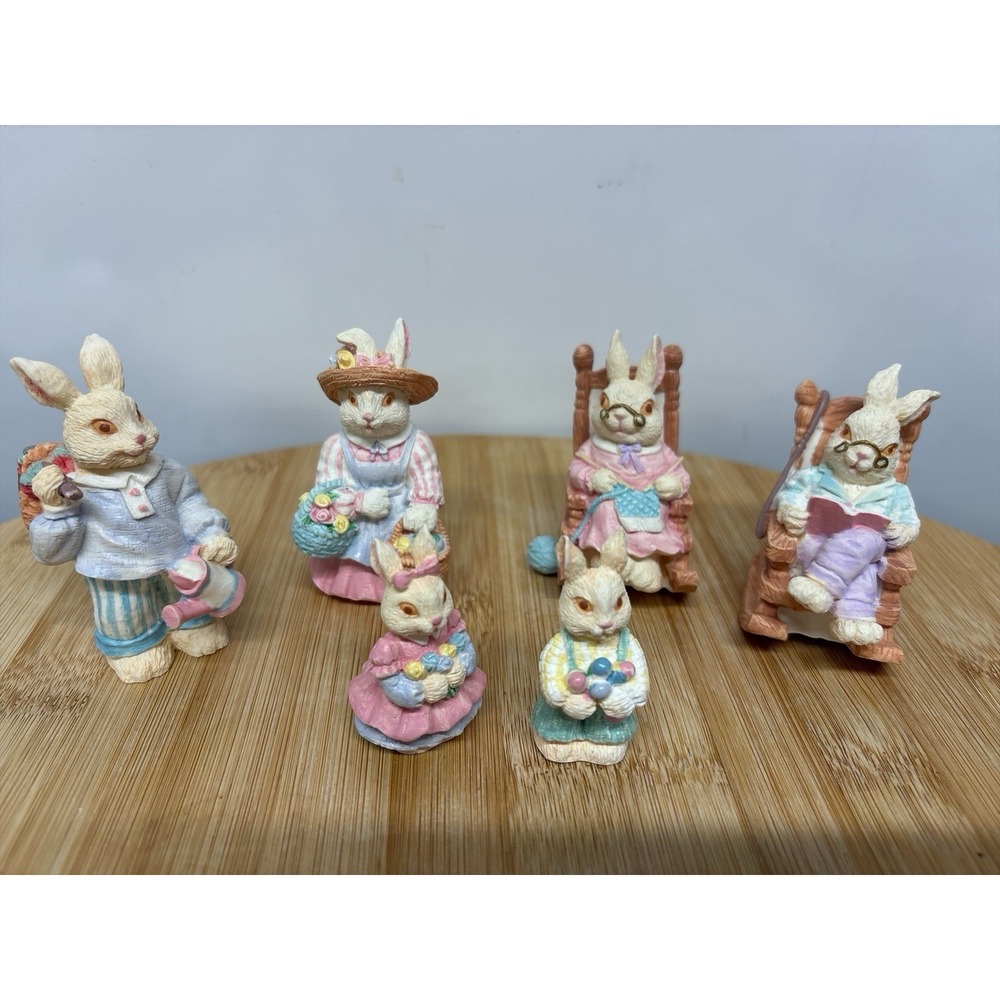 Vintage Lot Easter Rabbit Bunny Figurine Family Colorful Resin Cottagecore